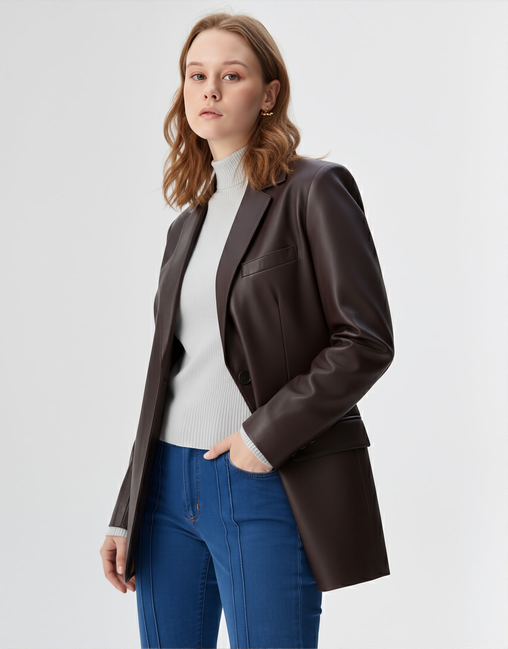 Blazer en Cuir Véritable - Marron chocolat