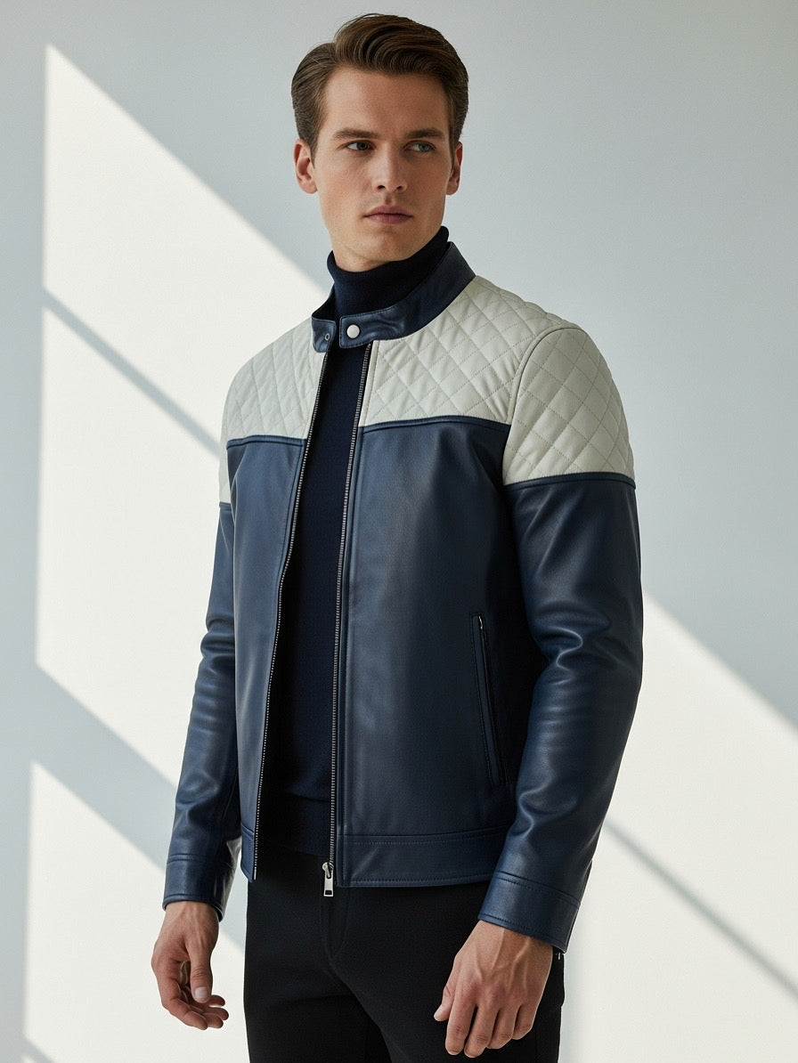 Blue Arctic Quilted Jacket l Veste en cuir véritable