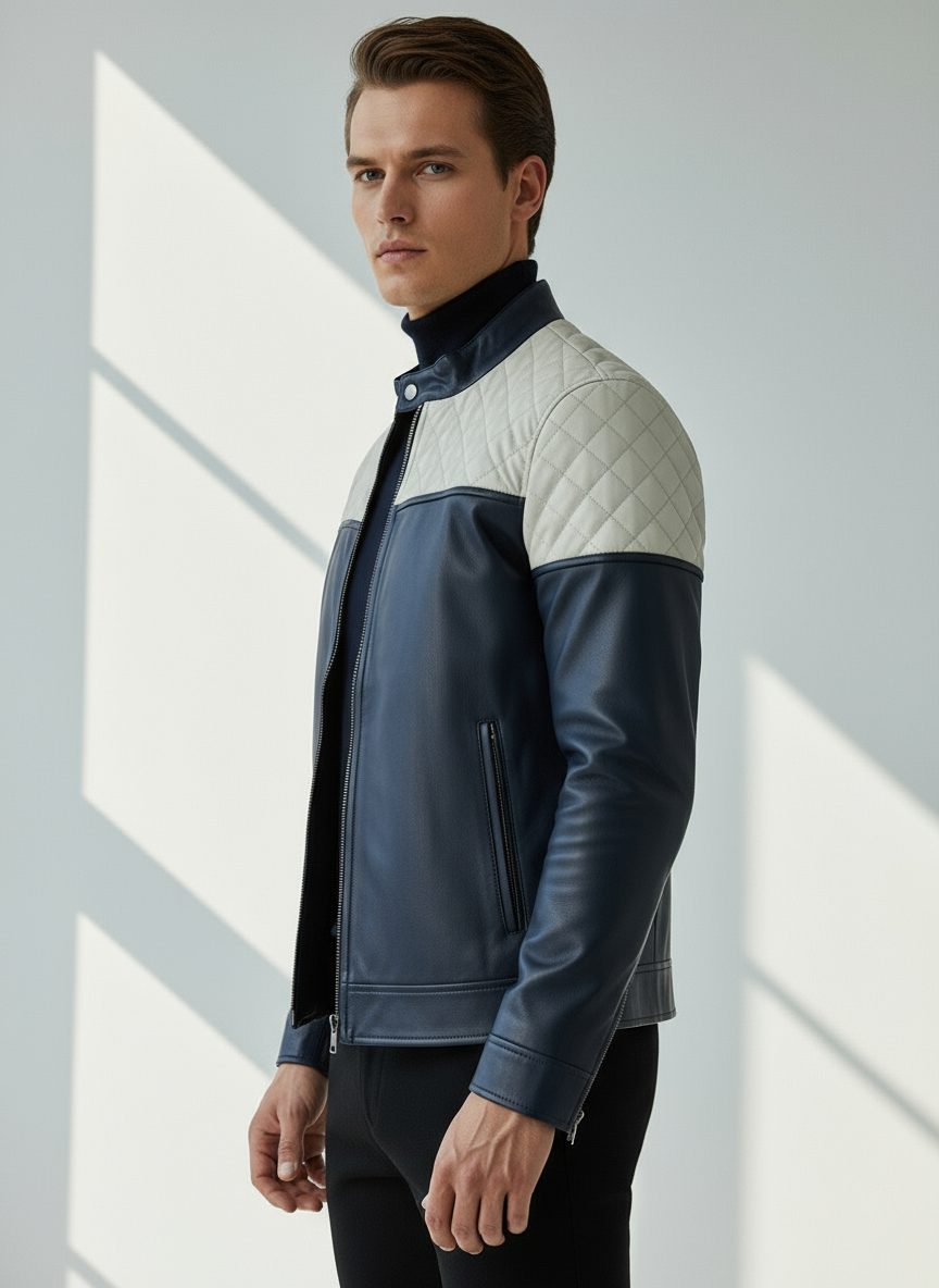 Blue Arctic Quilted Jacket l Veste en cuir véritable