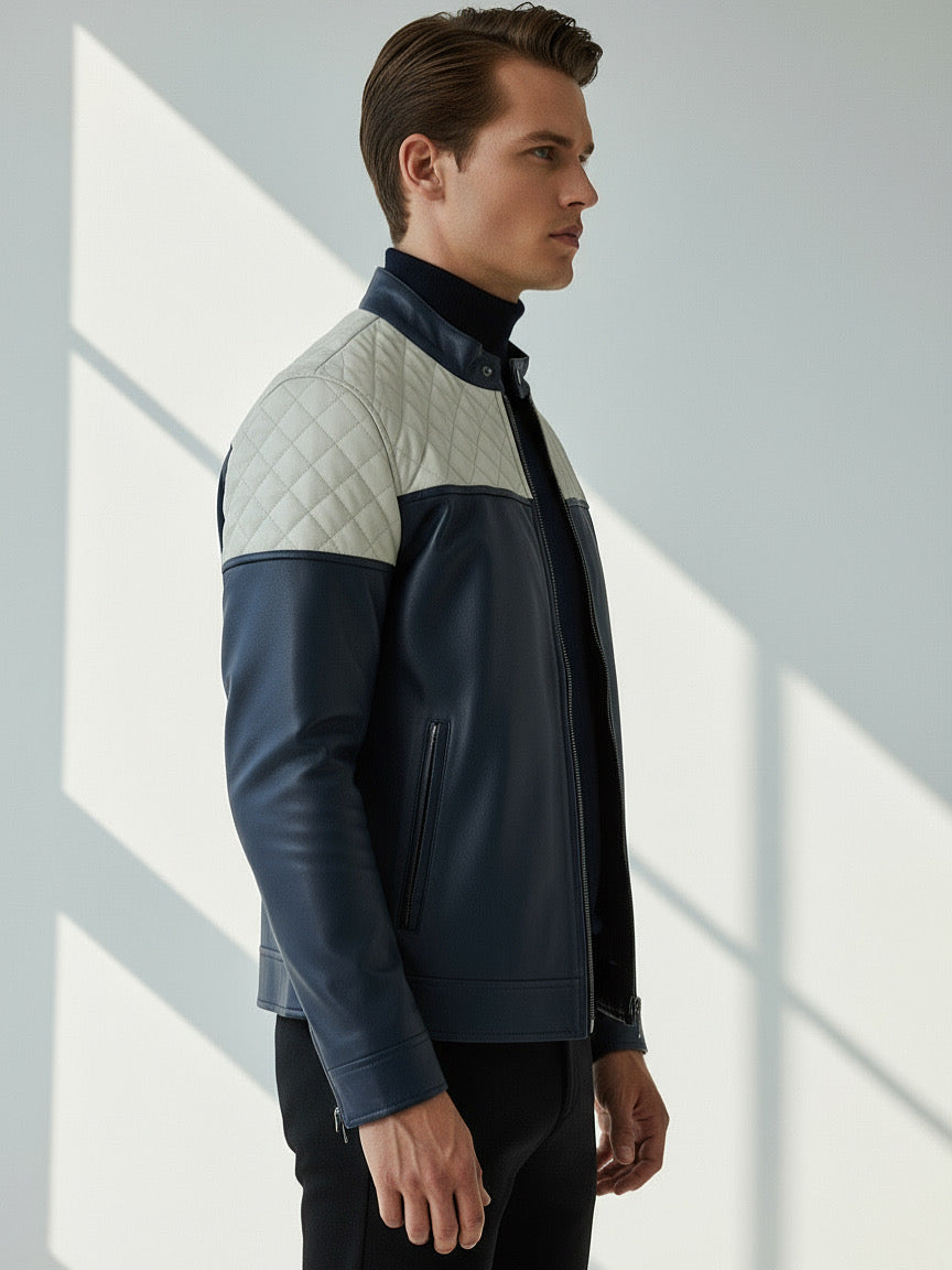 Blue Arctic Quilted Jacket l Veste en cuir véritable