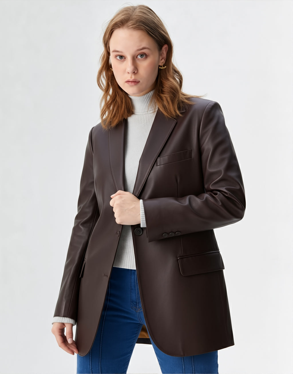 Blazer en Cuir Véritable - Marron chocolat
